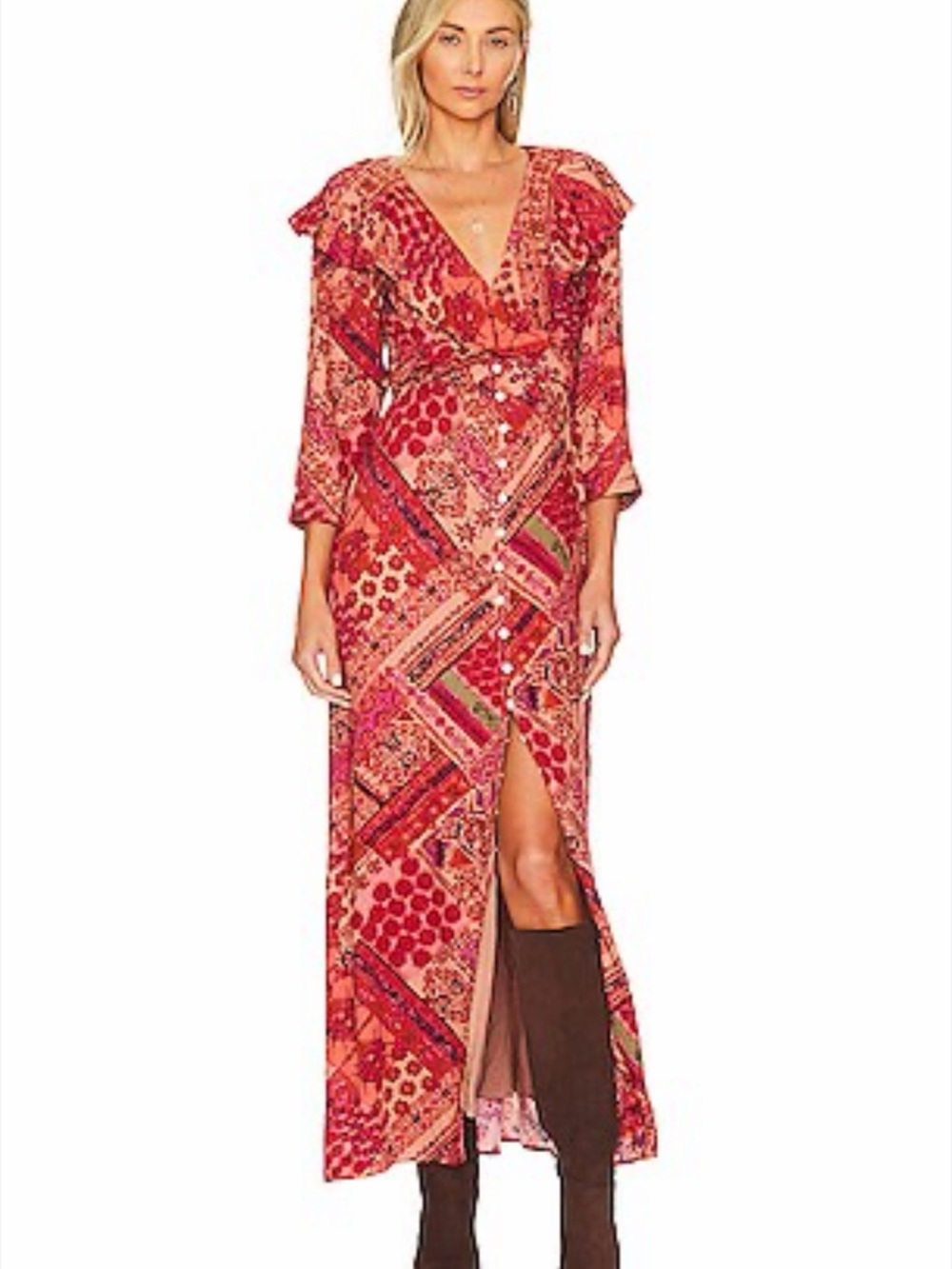 FREE PEOPLE $120 LENNON BUTTON-FRONT MAXI‎ DRESS FLORAL PRIMROSE COMBO SZ S